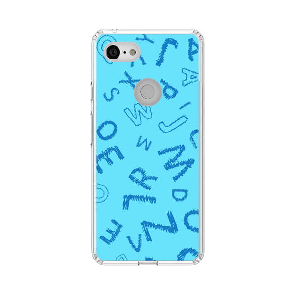 Blue background with random sketched alphabet letters Google Pixel 3 Case