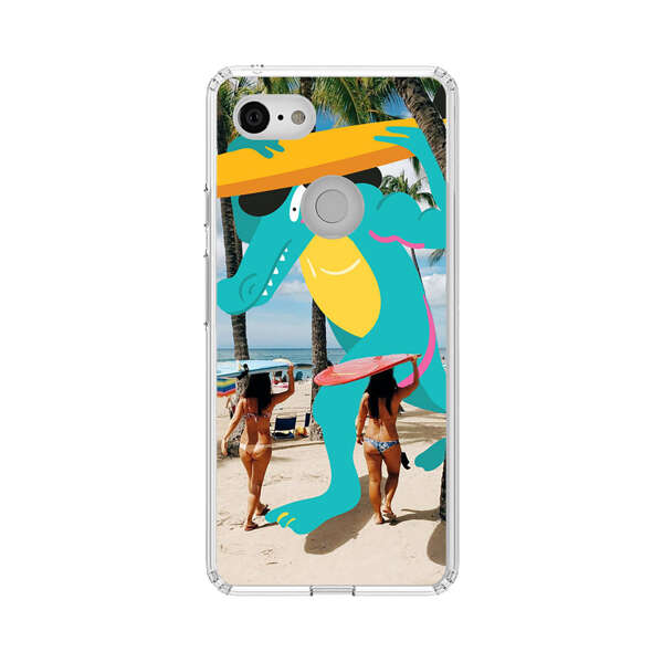 Cartoon Alligator Carrying Surfboards on Beach Google Pixel 3 Case
