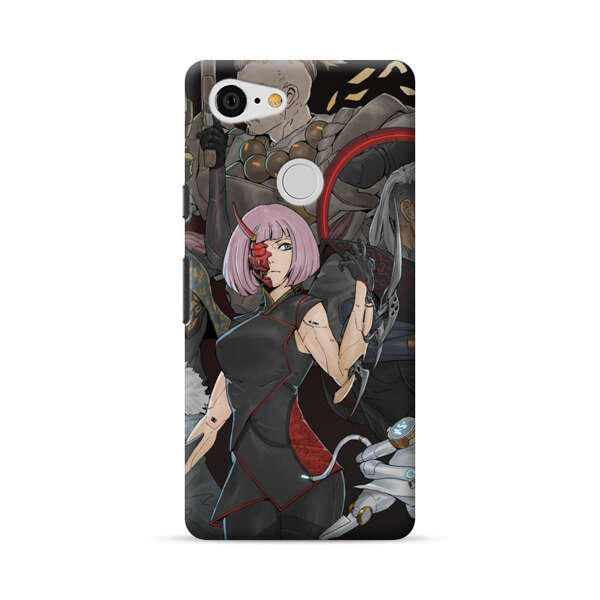 Futuristic Cyberpunk Warriors and Robotic Cat in Dynamic Pose Google Pixel 3 Hard Case