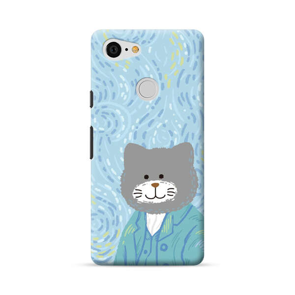Whimsical Gray Cat with Starry Night Background Google Pixel 3 Hard Case