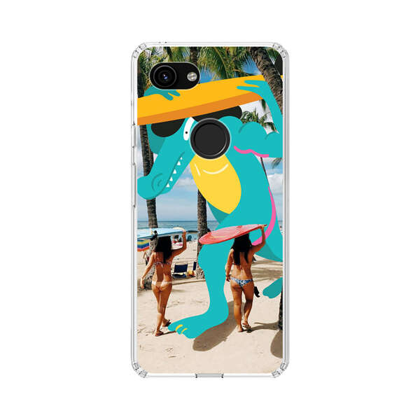 Cartoon Alligator Carrying Surfboards on Beach Google Pixel 3a Case