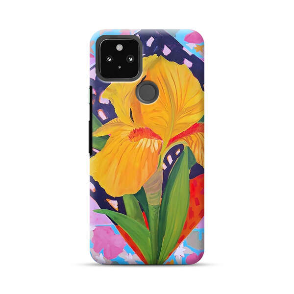 Yellow Iris Flower with Colorful Patchwork Background Google Pixel 4a 5G Hard Case