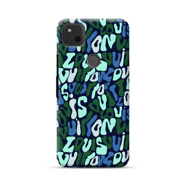 Abstract Layered Text Pattern in Blue and Green Google Pixel 4a Hard Case