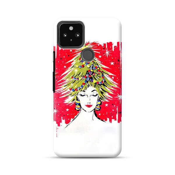 Christmas Tree Hair Woman Red Background Google Pixel 5 Hard Case