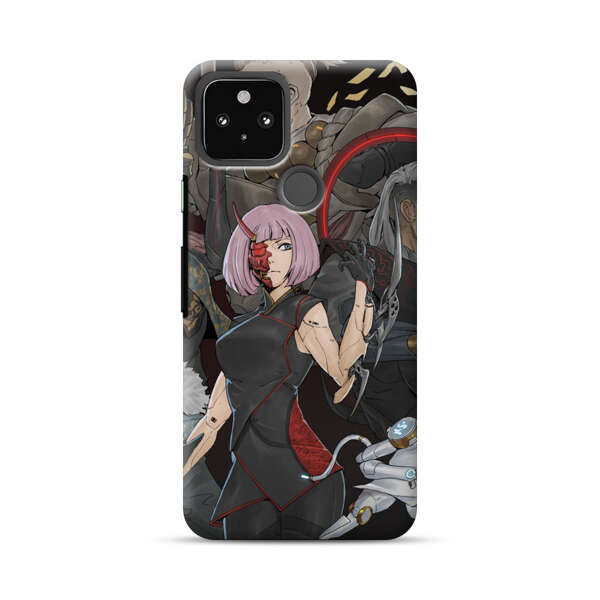 Futuristic Cyberpunk Warriors and Robotic Cat in Dynamic Pose Google Pixel 5 Hard Case