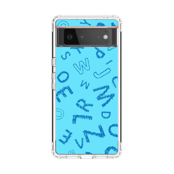 Blue background with random sketched alphabet letters Google Pixel 6 Case