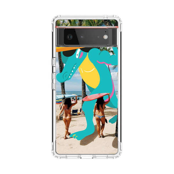 Cartoon Alligator Carrying Surfboards on Beach Google Pixel 6 Case