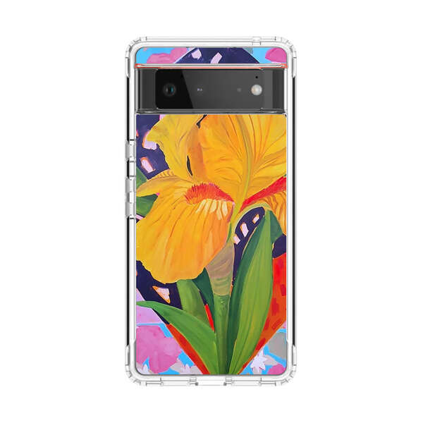 Yellow Iris Flower with Colorful Patchwork Background Google Pixel 6 Case