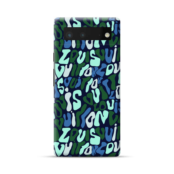 Abstract Layered Text Pattern in Blue and Green Google Pixel 6 Hard Case