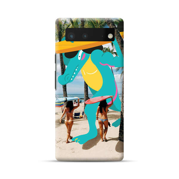 Cartoon Alligator Carrying Surfboards on Beach Google Pixel 6 Hard Case