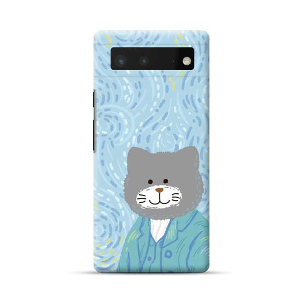 Whimsical Gray Cat with Starry Night Background Google Pixel 6 Hard Case