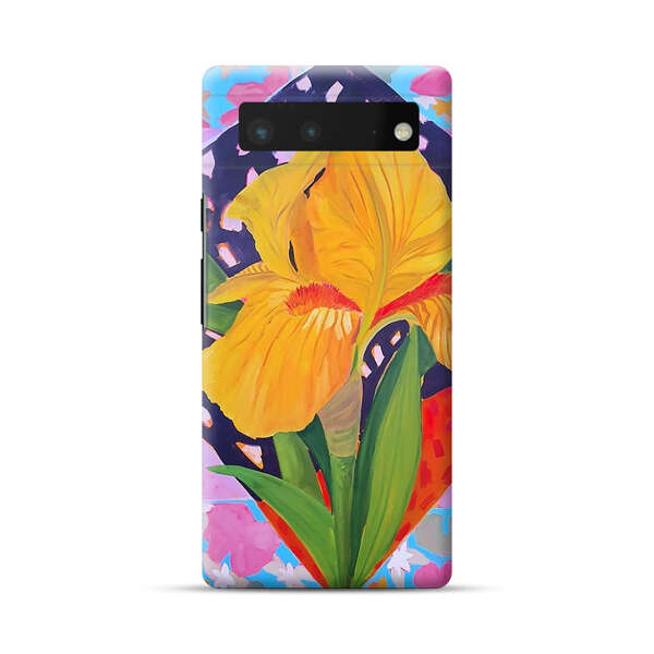 Yellow Iris Flower with Colorful Patchwork Background Google Pixel 6 Hard Case