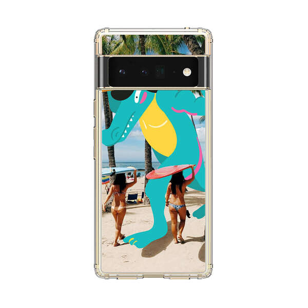 Cartoon Alligator Carrying Surfboards on Beach Google Pixel 6 Pro Case