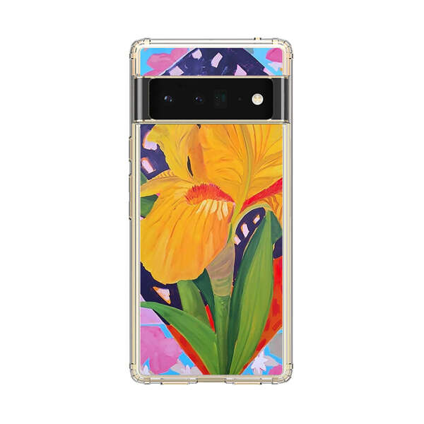 Yellow Iris Flower with Colorful Patchwork Background Google Pixel 6 Pro Case