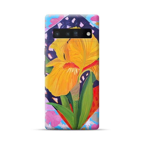 Yellow Iris Flower with Colorful Patchwork Background Google Pixel 6 Pro Hard Case
