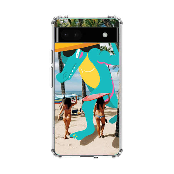 Cartoon Alligator Carrying Surfboards on Beach Google Pixel 6a Case
