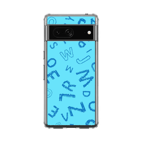 Blue background with random sketched alphabet letters Google Pixel 7 Case