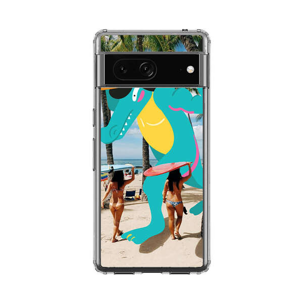 Cartoon Alligator Carrying Surfboards on Beach Google Pixel 7 Case
