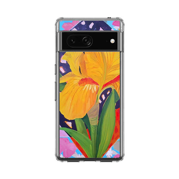 Yellow Iris Flower with Colorful Patchwork Background Google Pixel 7 Case