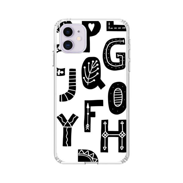Black and White Hand-Drawn Alphabet Letters Pattern iPhone 11 Case