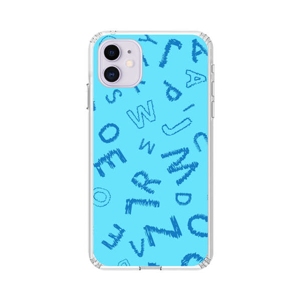Blue background with random sketched alphabet letters iPhone 11 Case