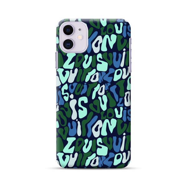 Abstract Layered Text Pattern in Blue and Green iPhone 11 Hard Case