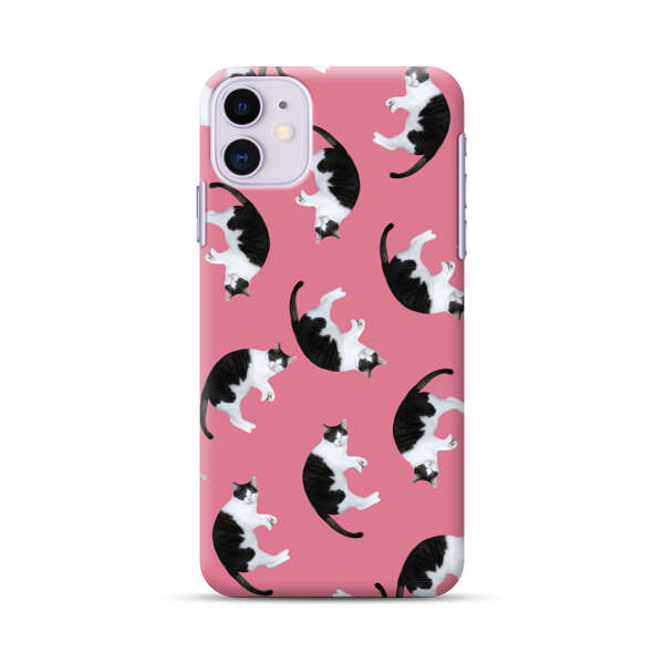 Black and White Cats Pattern on Pink Background iPhone 11 Hard Case
