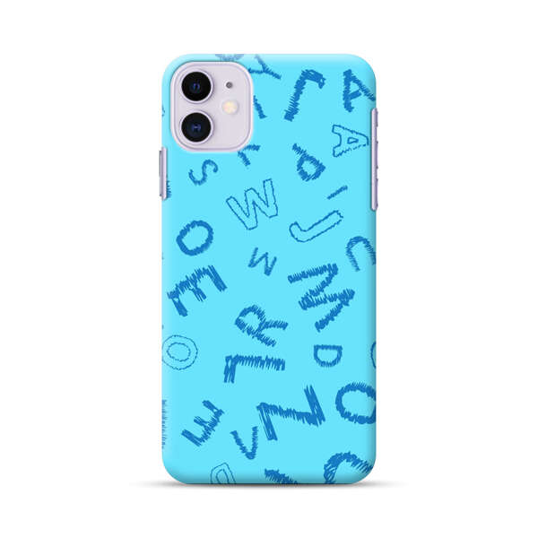 Blue background with random sketched alphabet letters iPhone 11 Hard Case