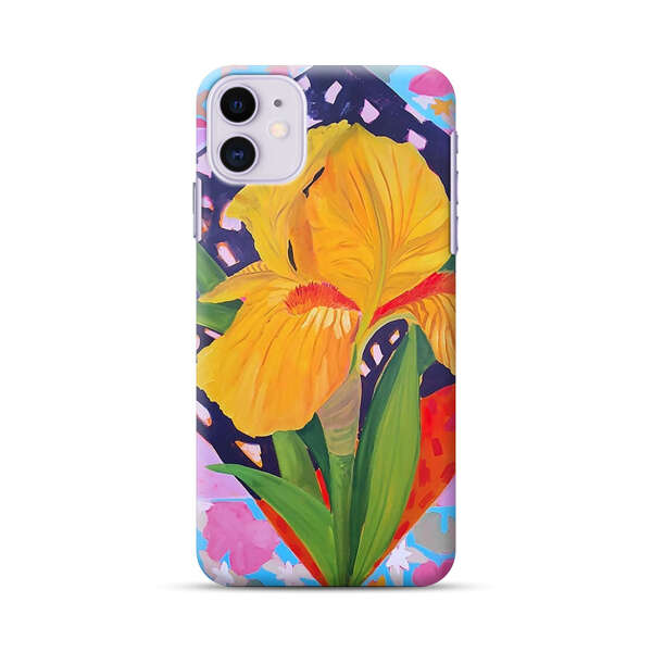 Yellow Iris Flower with Colorful Patchwork Background iPhone 11 Hard Case