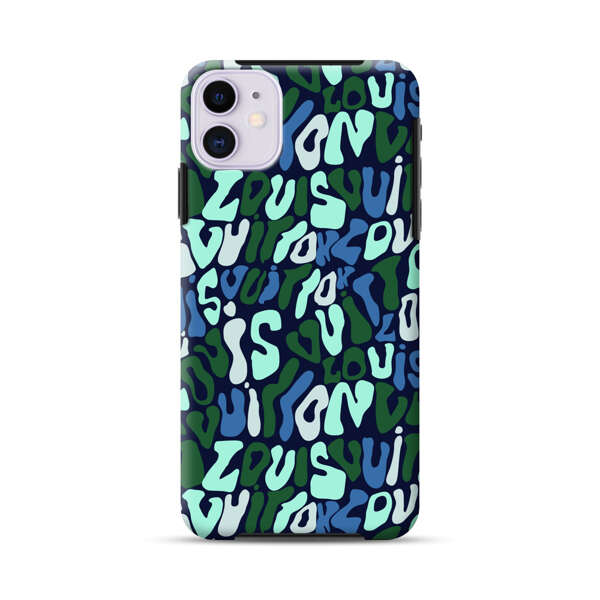 Abstract Layered Text Pattern in Blue and Green iPhone 11 Impact Case