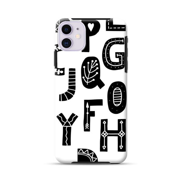 Black and White Hand-Drawn Alphabet Letters Pattern iPhone 11 Impact Case