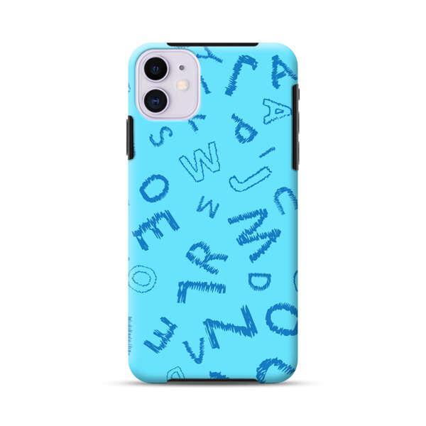 Blue background with random sketched alphabet letters iPhone 11 Impact Case