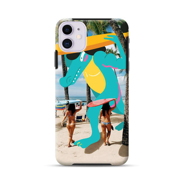Cartoon Alligator Carrying Surfboards on Beach iPhone 11 Impact Case