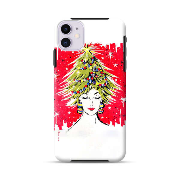 Christmas Tree Hair Woman Red Background iPhone 11 Impact Case