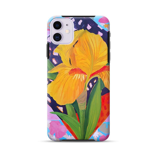 Yellow Iris Flower with Colorful Patchwork Background iPhone 11 Impact Case