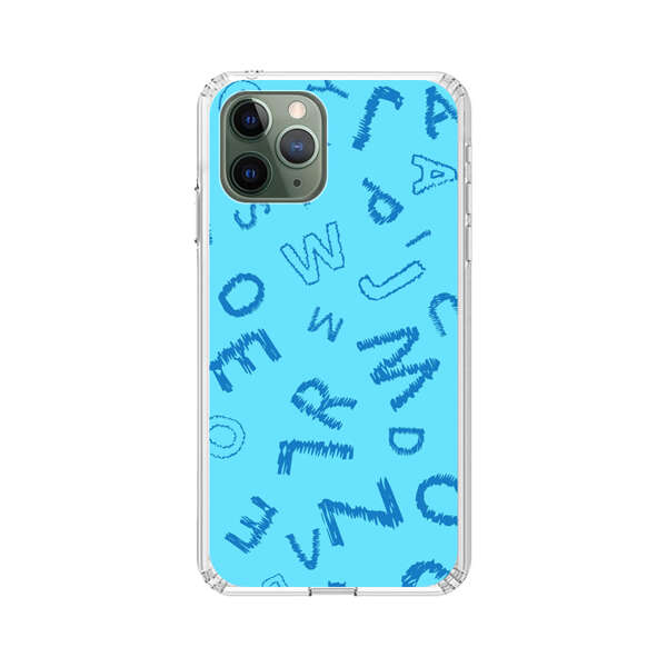 Blue background with random sketched alphabet letters iPhone 11 Pro Case