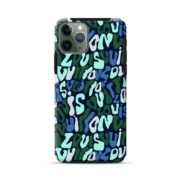 Abstract Layered Text Pattern in Blue and Green iPhone 11 Pro Impact Case