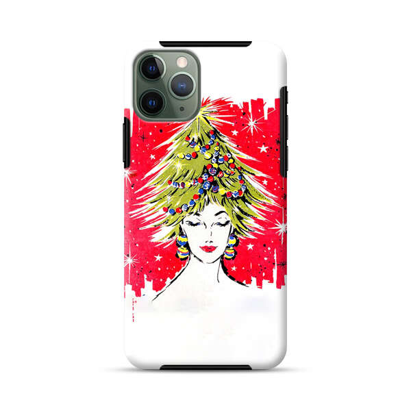 Christmas Tree Hair Woman Red Background iPhone 11 Pro Impact Case