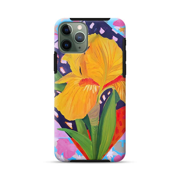 Yellow Iris Flower with Colorful Patchwork Background iPhone 11 Pro Impact Case