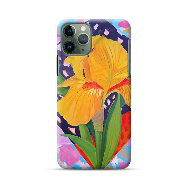 Yellow Iris Flower with Colorful Patchwork Background iPhone 11 Pro Max Hard Case
