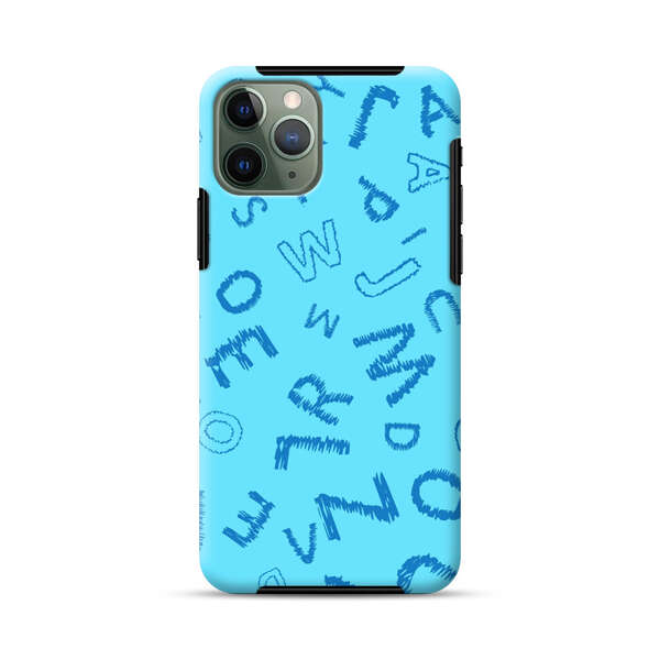 Blue background with random sketched alphabet letters iPhone 11 Pro Max Impact Case