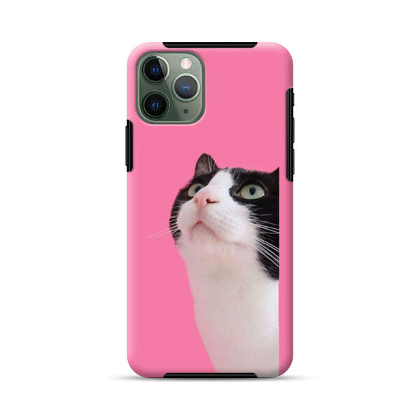 Curious Black and White Cat on Pink Background iPhone 11 Pro Max Impact Case