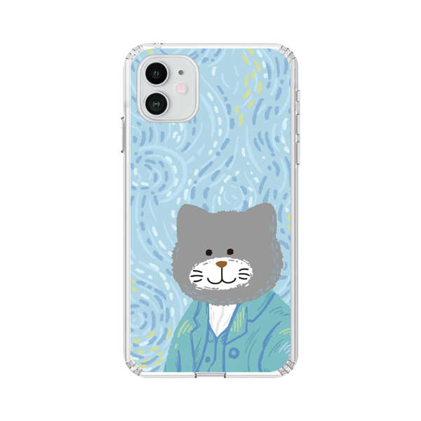 Whimsical Gray Cat with Starry Night Background iPhone 12 Case