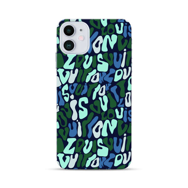 Abstract Layered Text Pattern in Blue and Green iPhone 12 Hard Case
