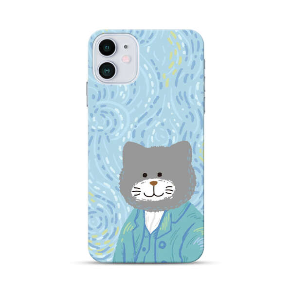 Whimsical Gray Cat with Starry Night Background iPhone 12 Hard Case