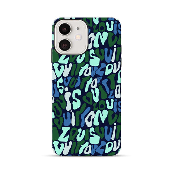 Abstract Layered Text Pattern in Blue and Green iPhone 12 Impact Case