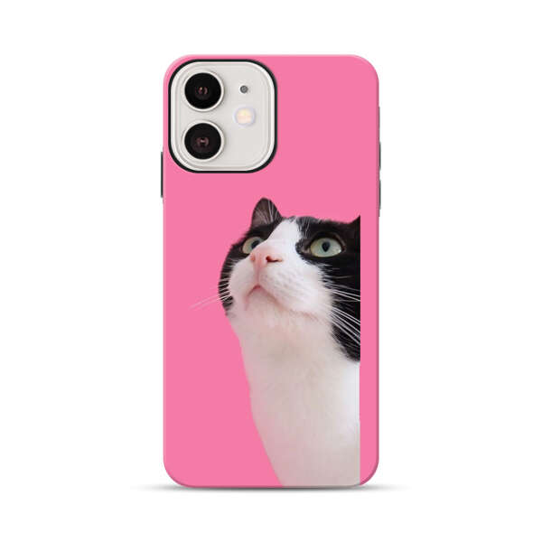 Curious Black and White Cat on Pink Background iPhone 12 Impact Case
