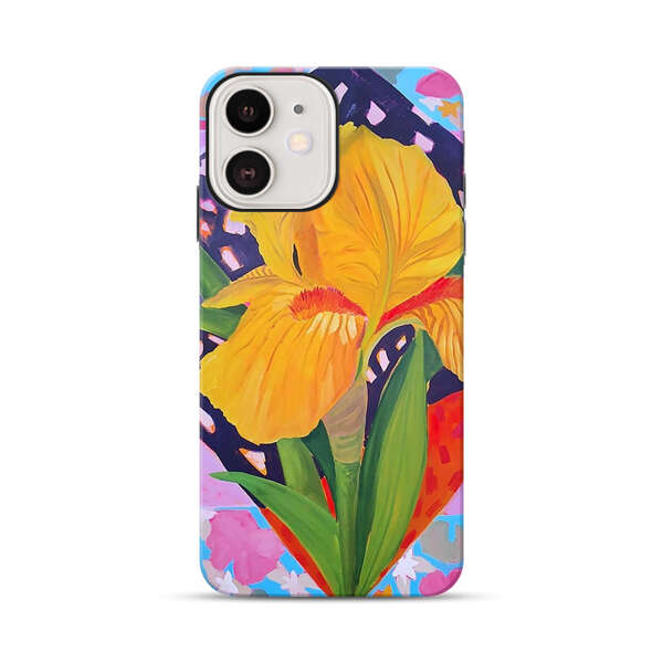 Yellow Iris Flower with Colorful Patchwork Background iPhone 12 Impact Case