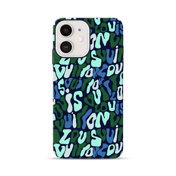 Abstract Layered Text Pattern in Blue and Green iPhone 12 Mini Impact Case