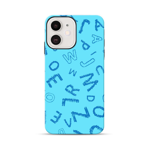 Blue background with random sketched alphabet letters iPhone 12 Mini Impact Case